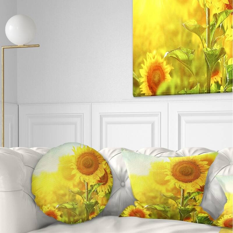 Designart 'Bright Sunflowers Blooming on Field' Animal Throw Pillow - Round - 16 inches round - Small