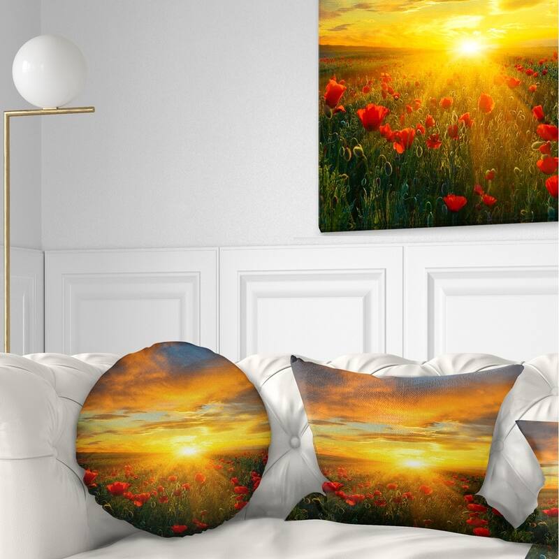 Designart 'Bright New Day over Poppy Fields' Floral Throw Pillow - Round - 20 inches round - Large