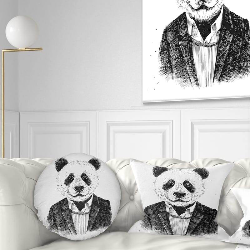 Designart 'Funny Hipster Panda Black White' Animal Throw Pillow - Round - 16 inches round - Small