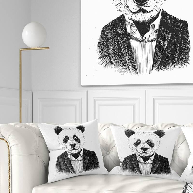 Designart 'Funny Hipster Panda Black White' Animal Throw Pillow - Square - 16 in. x 16 in. - Small