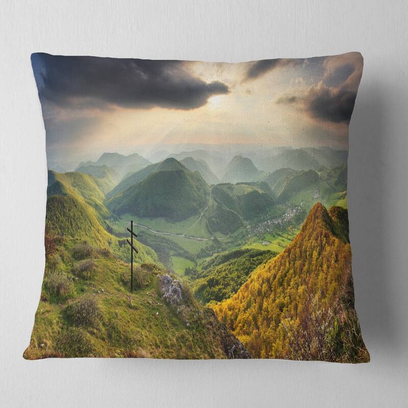 Designart 'Slovakia Spring Forest Mountain' Landscape Printed Throw Pillow - Square - 18 in. x 18 in. - Medium