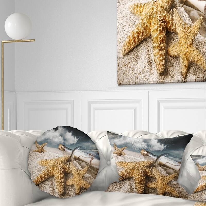 Designart 'Message Bottle Buried in Sand' Seascape Throw Pillow - Round - 20 inches round - Large