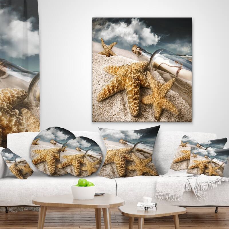 Designart 'Message Bottle Buried in Sand' Seascape Throw Pillow