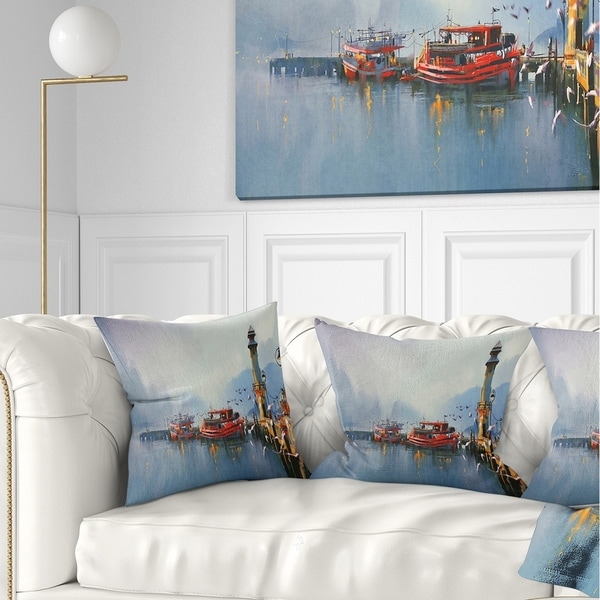 Designart 'Fishing Boats in Harbor' Landscape Painting Throw Pillow