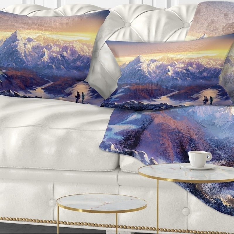 Designart 'Winter Mountains with Tourists' Landscape Printed Throw Pillow - Rectangle - 12 in. x 20 in. - Medium
