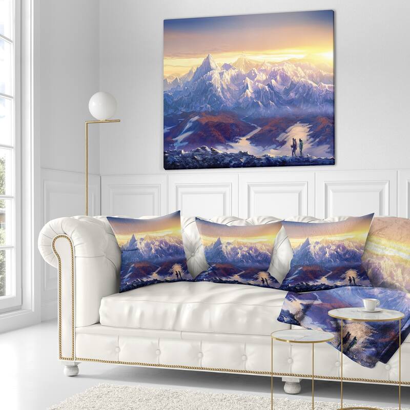 Designart 'Winter Mountains with Tourists' Landscape Printed Throw Pillow