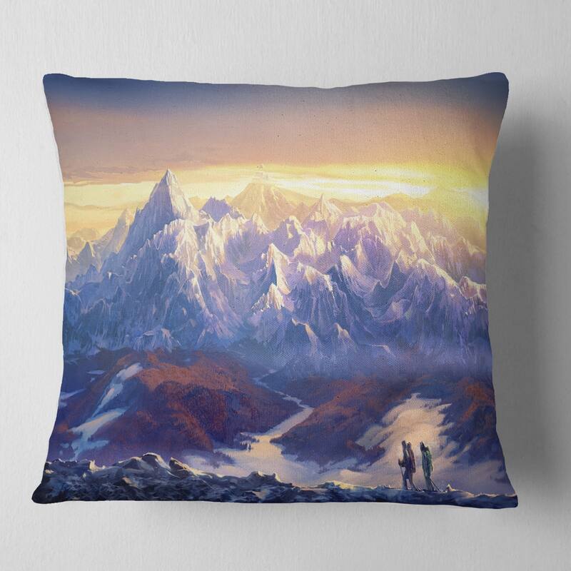Designart 'Winter Mountains with Tourists' Landscape Printed Throw Pillow - Square - 18 in. x 18 in. - Medium