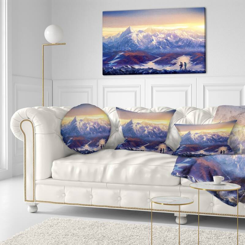 Designart 'Winter Mountains with Tourists' Landscape Printed Throw Pillow
