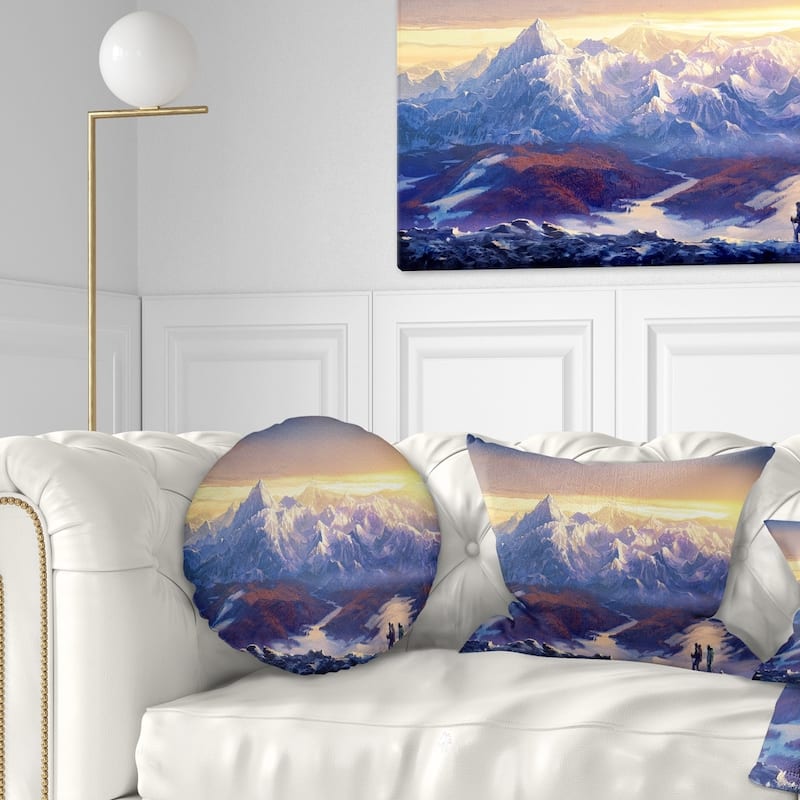 Designart 'Winter Mountains with Tourists' Landscape Printed Throw Pillow - Round - 16 inches round - Small