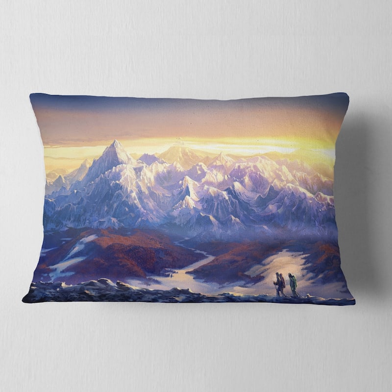 Designart 'Winter Mountains with Tourists' Landscape Printed Throw Pillow