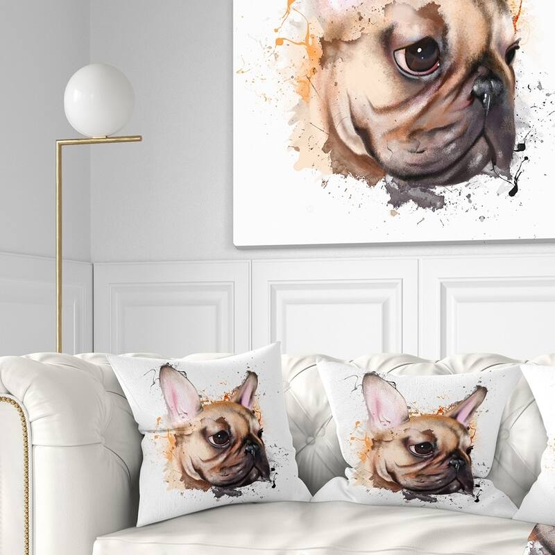 Designart 'Brown Watercolor French Bulldog' Animal Throw Pillow - Square - 16 in. x 16 in. - Small
