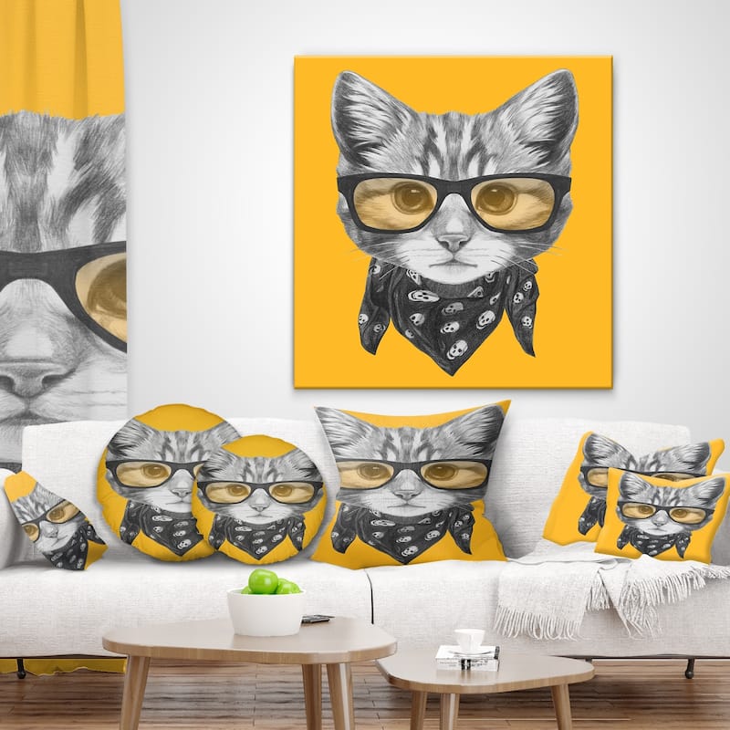 Designart 'Funny Cat with Glasses and Scarf' Animal Throw Pillow