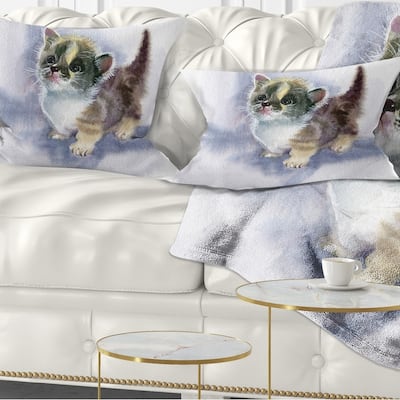 Designart 'Cute Kitten on Blue Watercolor' Animal Throw Pillow