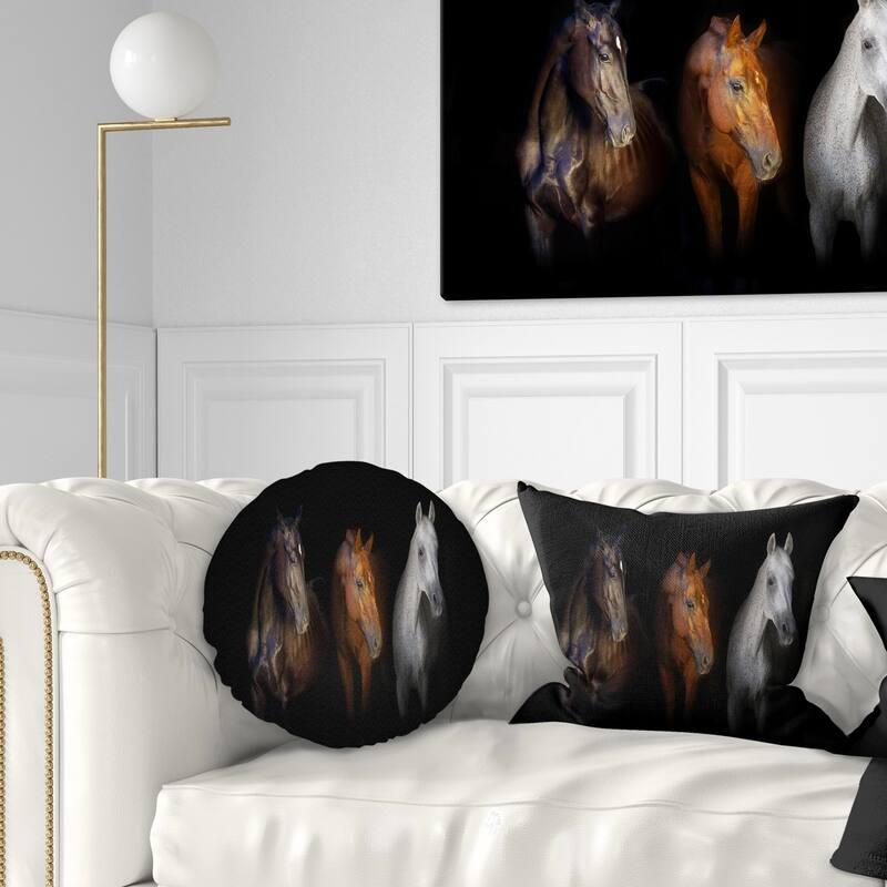 Designart 'Black Red and White Horses' Animal Throw Pillow - Round - 16 inches round - Small