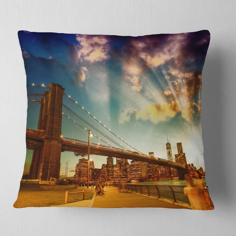 Designart 'Relaxing in Brooklyn Bridge Park' Cityscape Throw Pillow - Square - 26 in. x 26 in. - Large