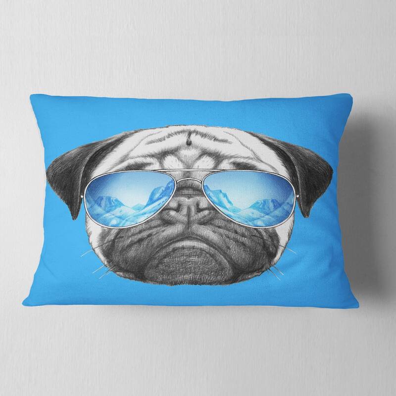 Designart 'Pug Dog with Mirror Sunglasses' Animal Throw Pillow - Rectangle - 12 in. x 20 in. - Medium