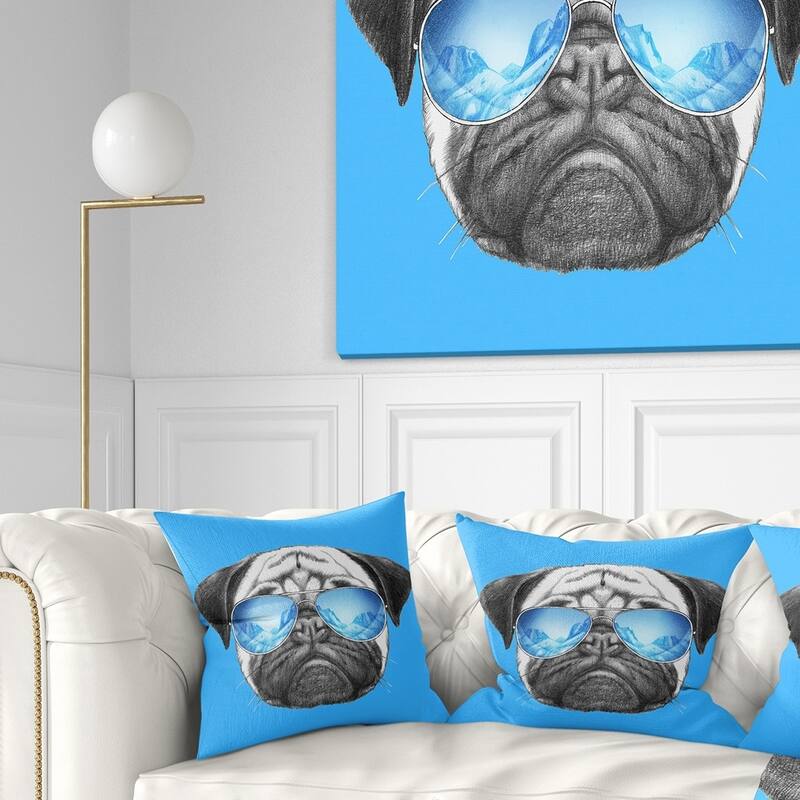 Designart 'Pug Dog with Mirror Sunglasses' Animal Throw Pillow - Square - 16 in. x 16 in. - Small