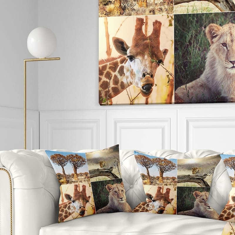Designart 'African Safari Wildlife Collage' African Landscape Printed Throw Pillow - Square - 18 in. x 18 in. - Medium