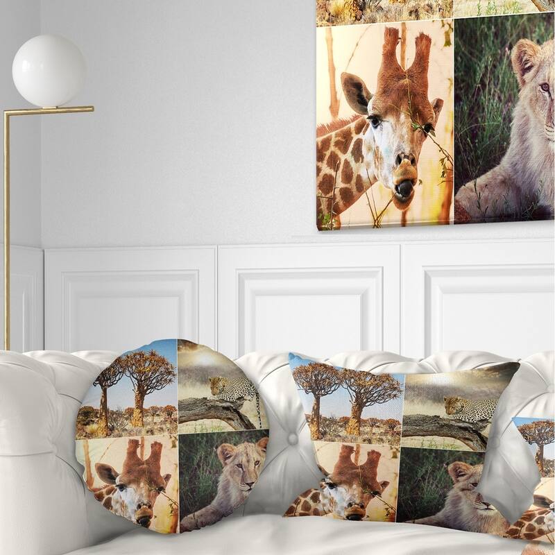 Designart 'African Safari Wildlife Collage' African Landscape Printed Throw Pillow - Round - 16 inches round - Small