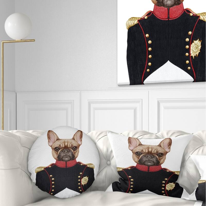 Designart 'French Bulldog in Military Uniform' Animal Throw Pillow - Round - 20 inches round - Large