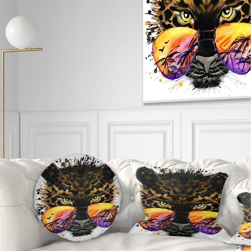 Designart 'Funny Jaguar with Sunglasses' Contemporary Animal Throw Pillow - Round - 20 inches round - Large
