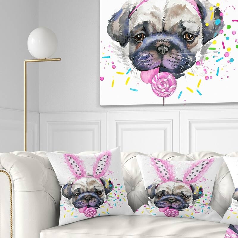 Designart 'Cute Dog with Pink Feather Hat' Contemporary Animal Throw Pillow - Square - 16 in. x 16 in. - Small