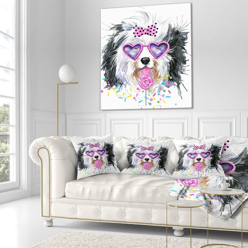 Designart 'Lovely Dog with Pink Heart Glasses' Contemporary Animal Throw Pillow