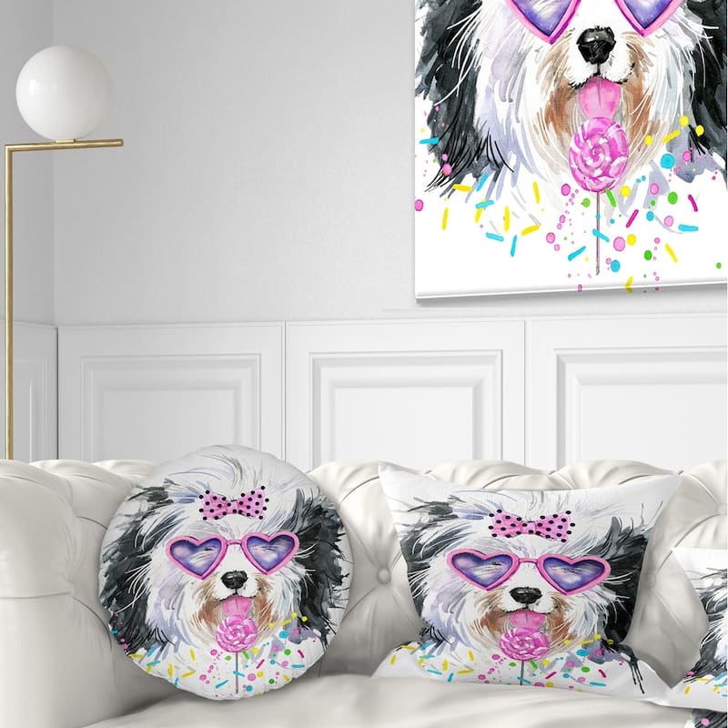 Designart 'Lovely Dog with Pink Heart Glasses' Contemporary Animal Throw Pillow - Round - 16 inches round - Small