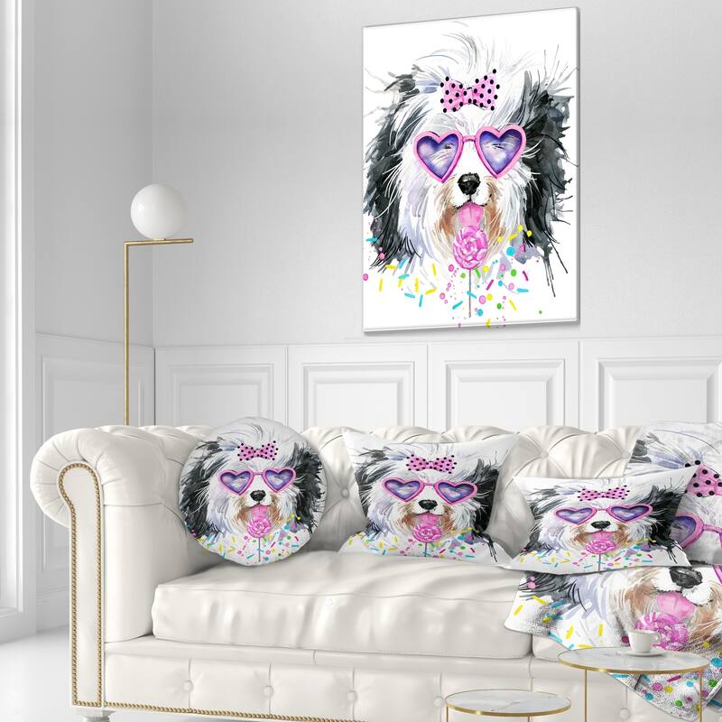 Designart 'Lovely Dog with Pink Heart Glasses' Contemporary Animal Throw Pillow