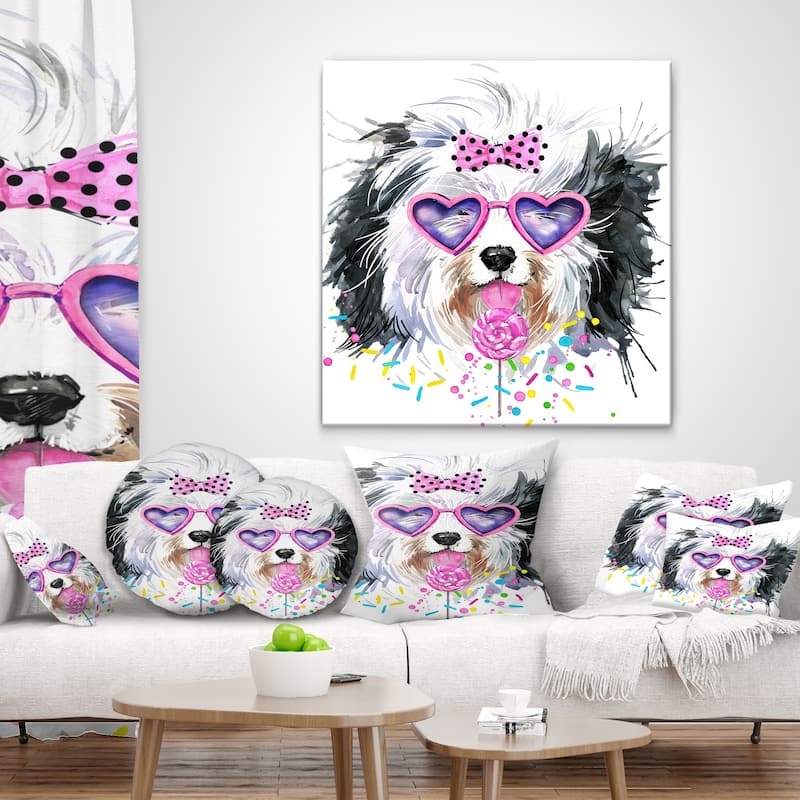 Designart 'Lovely Dog with Pink Heart Glasses' Contemporary Animal Throw Pillow