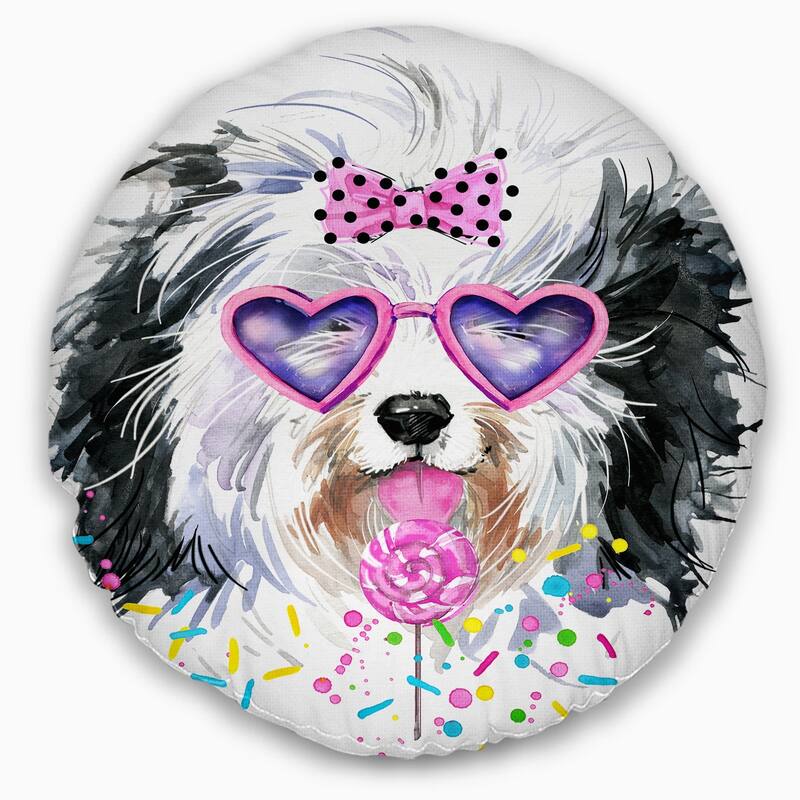 Designart 'Lovely Dog with Pink Heart Glasses' Contemporary Animal Throw Pillow