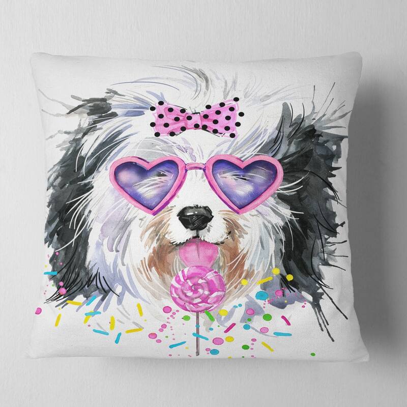 Designart 'Lovely Dog with Pink Heart Glasses' Contemporary Animal Throw Pillow