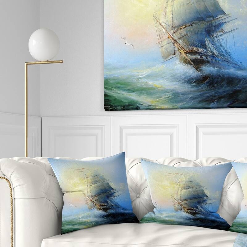 Designart 'Large Sailing Boat' Seascape Throw Pillow - Square - 26 in. x 26 in. - Large