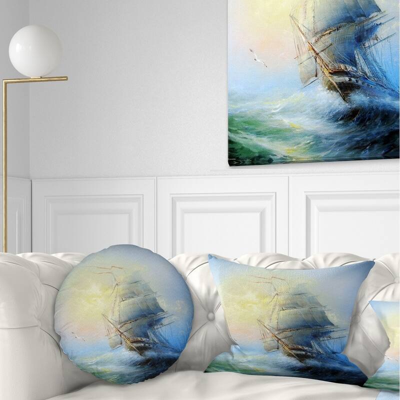 Designart 'Large Sailing Boat' Seascape Throw Pillow - Round - 16 inches round - Small