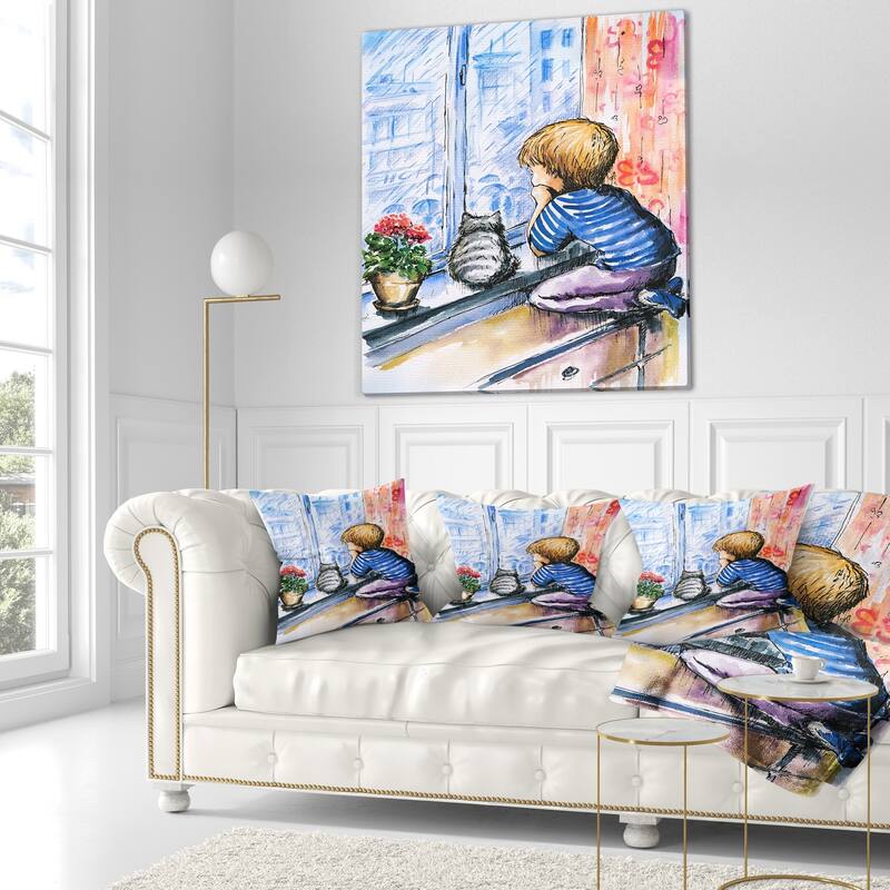 Designart 'Little Boy and Cat Watching City' Modern Portrait Throw Pillow