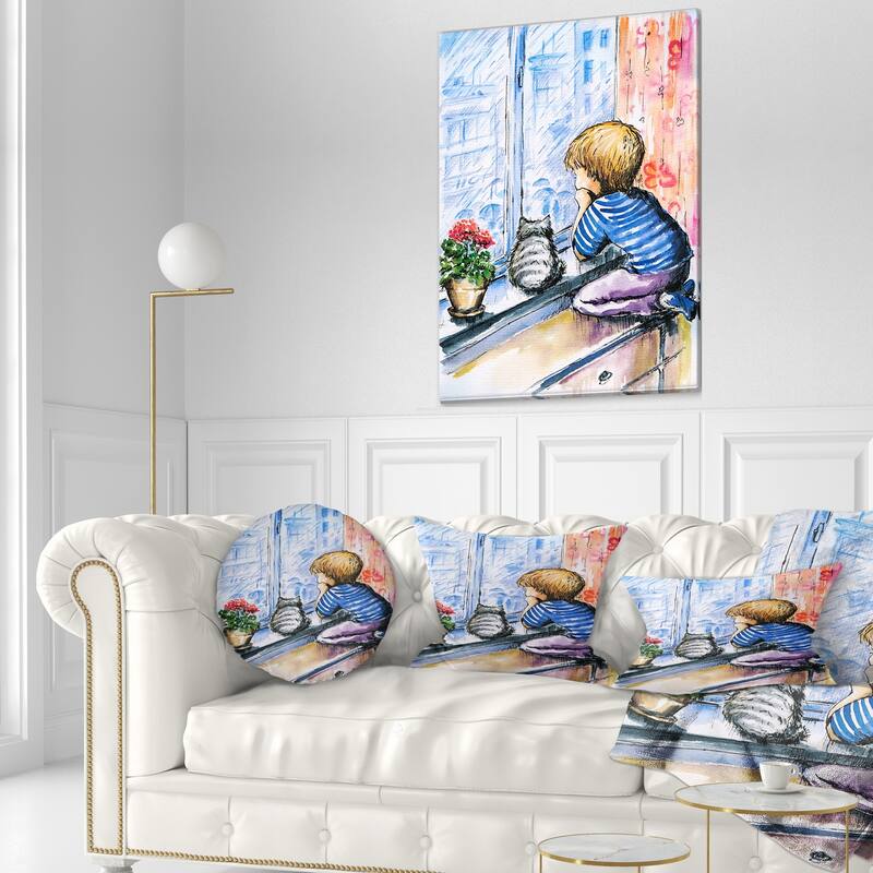 Designart 'Little Boy and Cat Watching City' Modern Portrait Throw Pillow