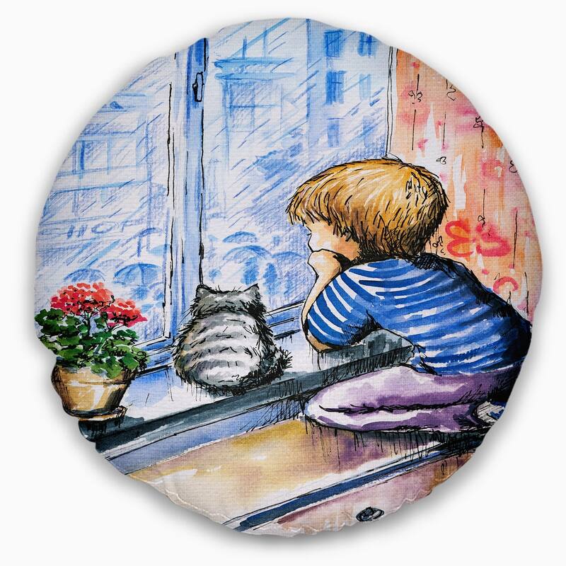 Designart 'Little Boy and Cat Watching City' Modern Portrait Throw Pillow