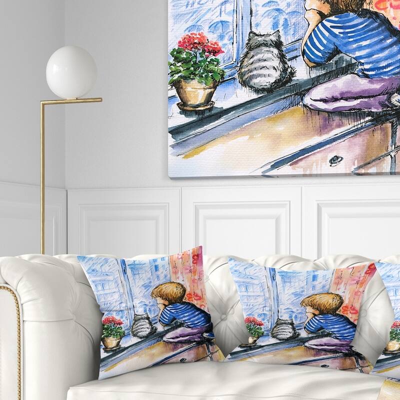 Designart 'Little Boy and Cat Watching City' Modern Portrait Throw Pillow - Square - 16 in. x 16 in. - Small