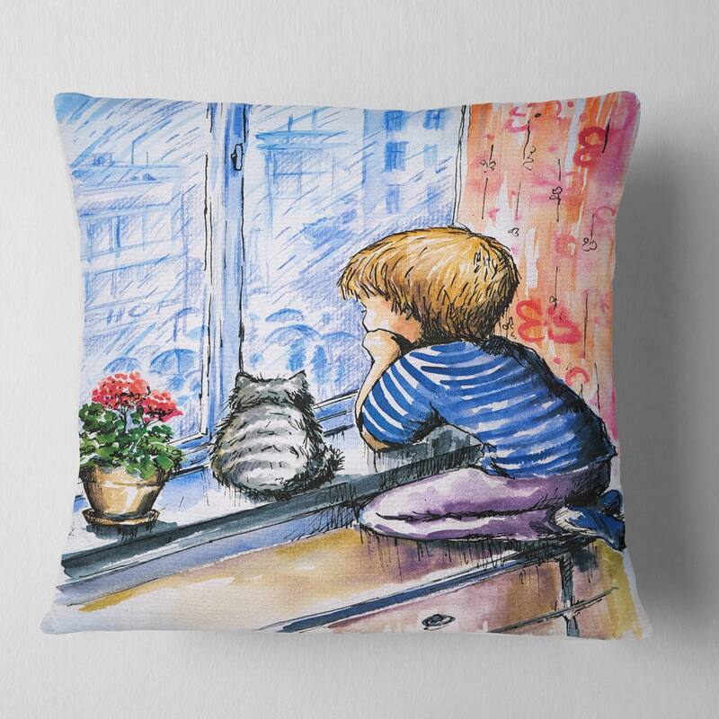 Designart 'Little Boy and Cat Watching City' Modern Portrait Throw Pillow