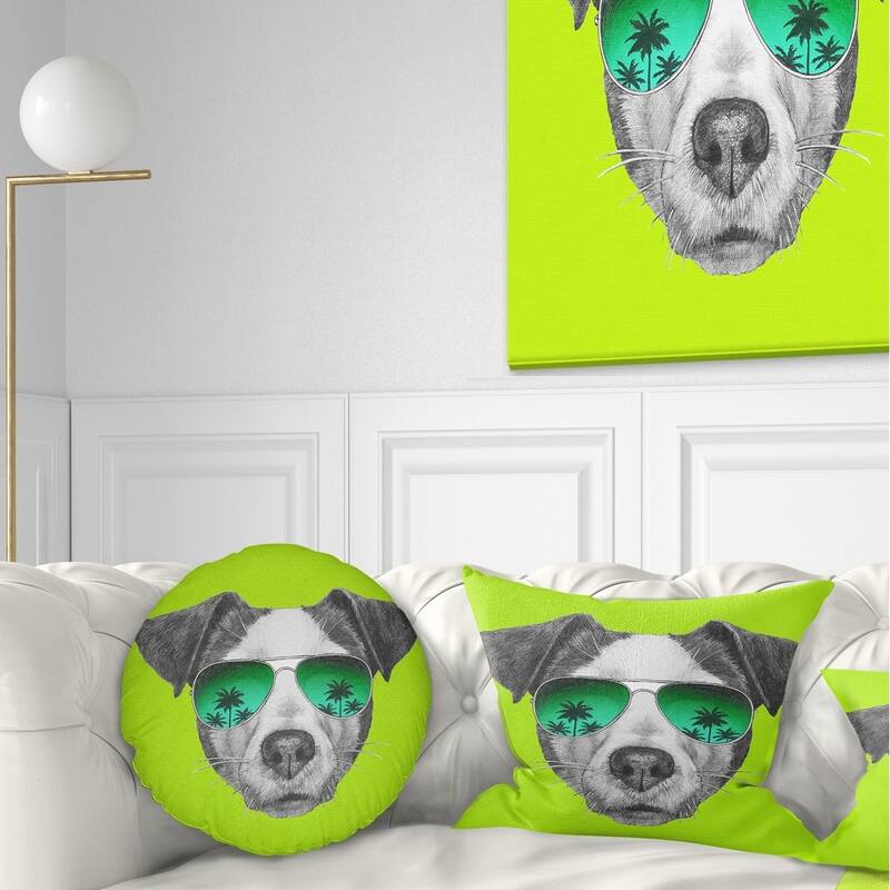 Designart 'Jack Russell in Green Glasses' Contemporary Animal Throw Pillow - Round - 20 inches round - Large