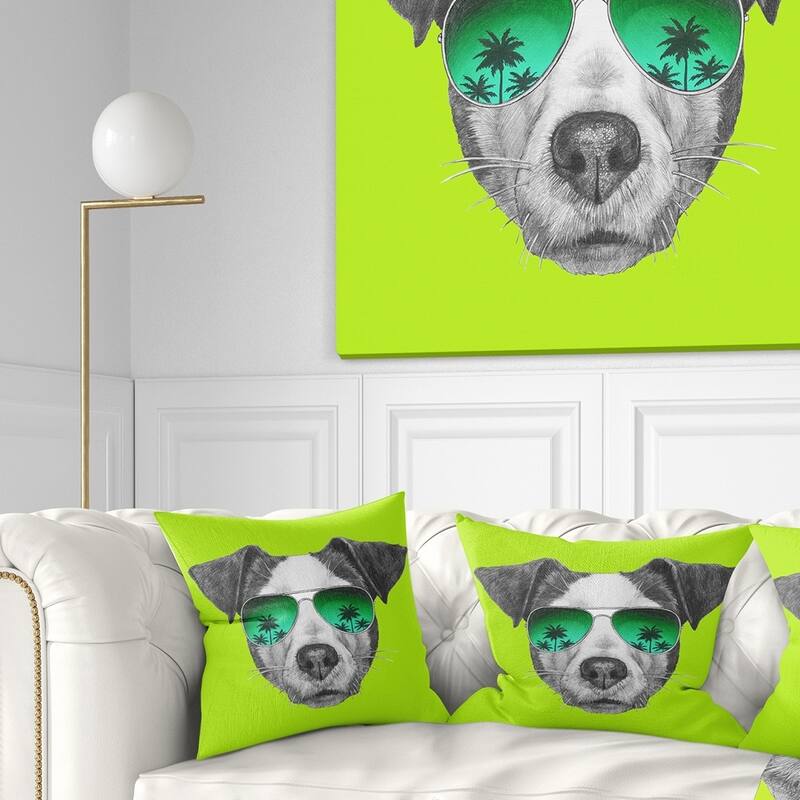 Designart 'Jack Russell in Green Glasses' Contemporary Animal Throw Pillow - Square - 18 in. x 18 in. - Medium