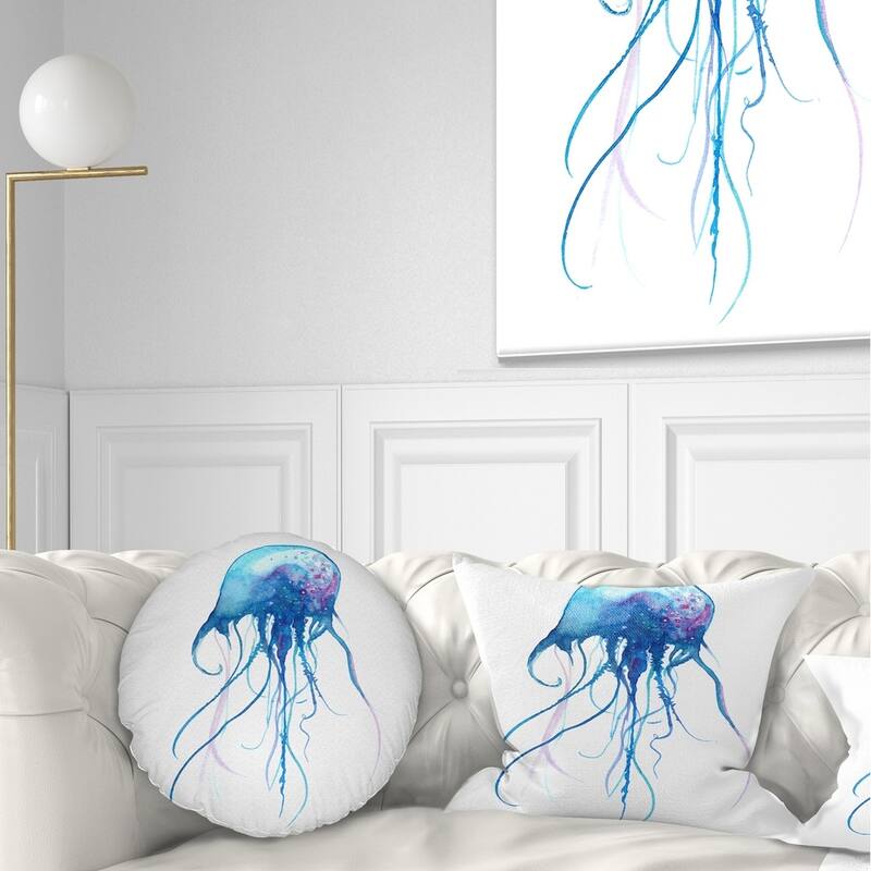 Designart 'Light Blue Jellyfish Watercolor' Animal Throw Pillow - Round - 20 inches round - Large