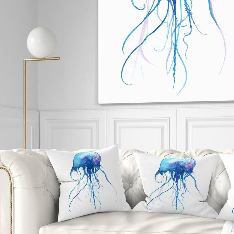 Designart 'Light Blue Jellyfish Watercolor' Animal Throw Pillow - Square - 16 in. x 16 in. - Small