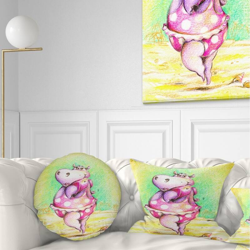 Designart 'Cute Hippo Goes Swimming' Abstract Throw Pillow - Round - 20 inches round - Large