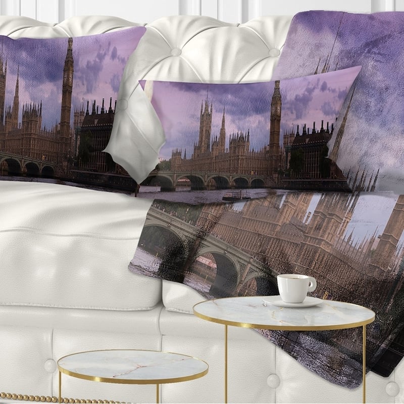 Designart 'London with Purple Sky at Sunset' Cityscape Photo Throw Pillow - Rectangle - 12 in. x 20 in. - Medium