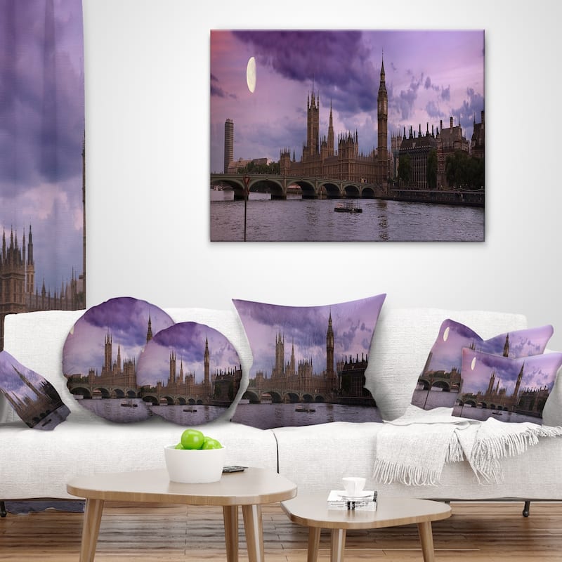 Designart 'London with Purple Sky at Sunset' Cityscape Photo Throw Pillow