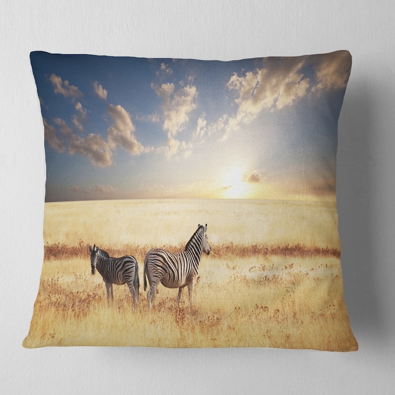 Designart 'Zebras in Beautiful Grassland At Sunset' African Throw Pillow - Square - 16 in. x 16 in. - Small
