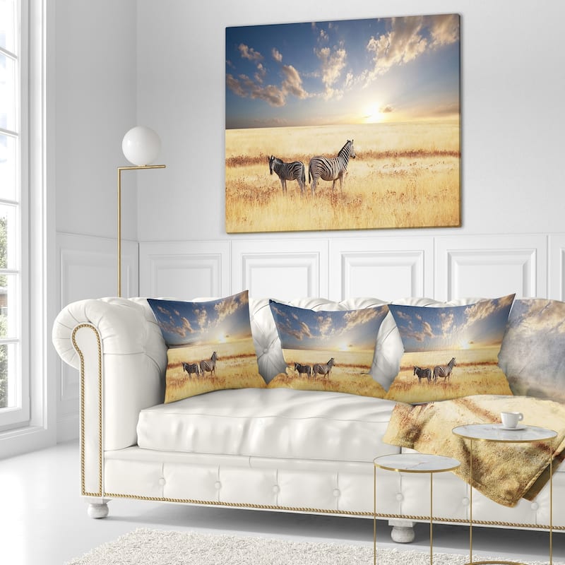 Designart 'Zebras in Beautiful Grassland At Sunset' African Throw Pillow