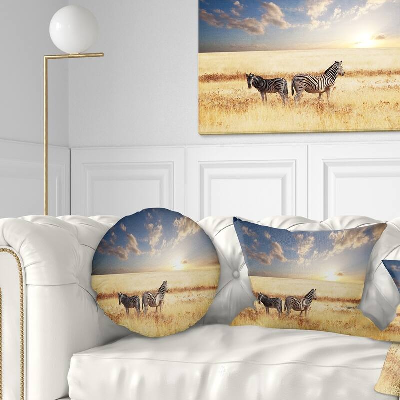 Designart 'Zebras in Beautiful Grassland At Sunset' African Throw Pillow - Round - 20 inches round - Large