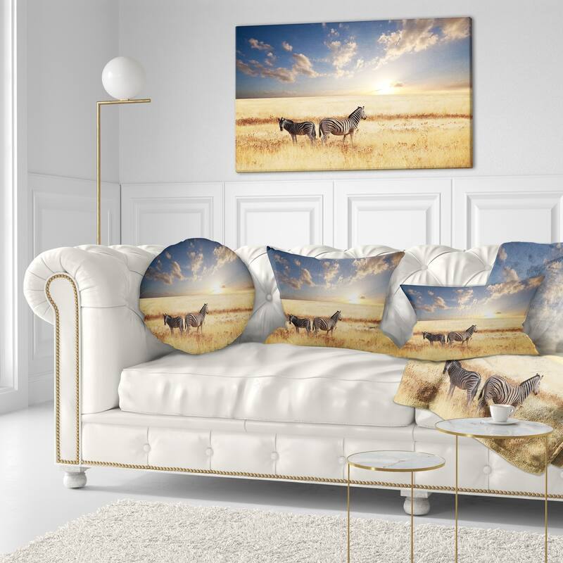 Designart 'Zebras in Beautiful Grassland At Sunset' African Throw Pillow